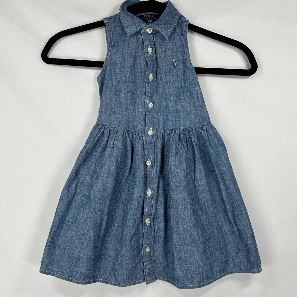 Polo Ralph Lauren Girls Blue Chambray Sleeveless Button Front Dress – Size 4/4T